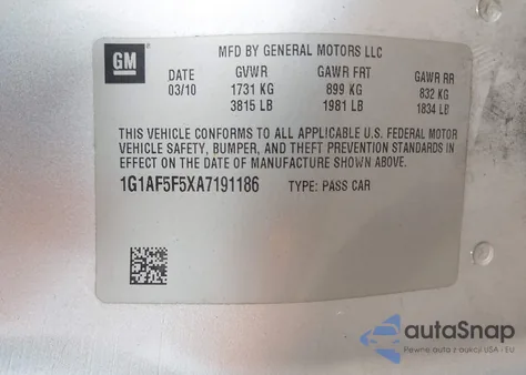 2010 Chevrolet Cobalt Lt z USA, uszkodzony, nr VIN 1G1AF5F5XA7191186